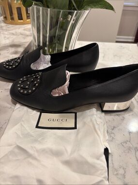 Gucci Black Leather Studded Crest Loafers with Silver Block Heel